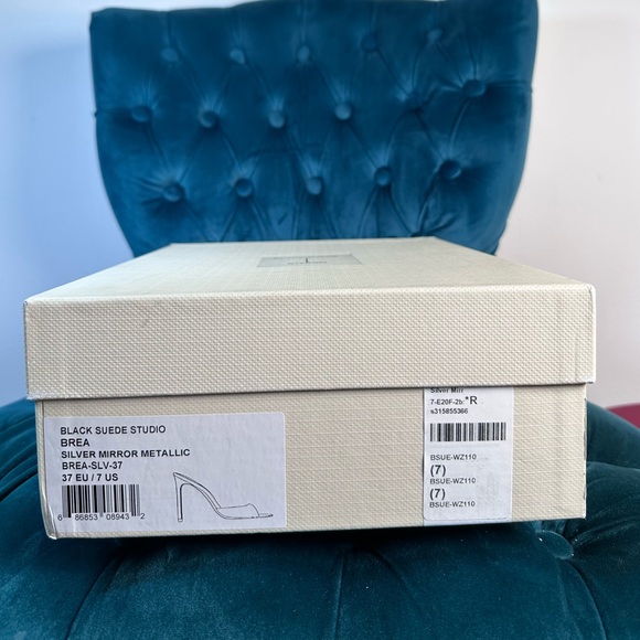 Like new BLACK SUEDE STUDIO Brea Mule in Silver Mirror Metallic high heel open - Picture 7 of 10